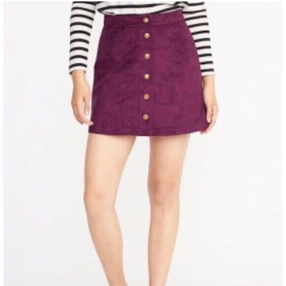 Old Navy Faux Suede Skirt Size 10 Plum Purple Wine Front Snap - Picture 1 of 7